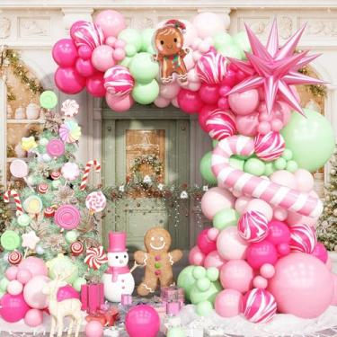 Imagem de Balão de Natal arco rosa balões verdes guirlanda de bengala doce muleta balões de folha estrela explosão natal pastel ágata rosa choque hélio látex balão homem pão de gengibre ano novo decorações de