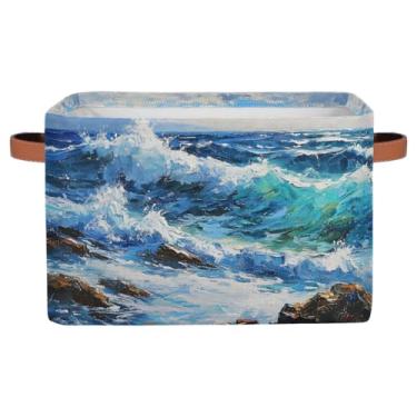 Imagem de hongjinglin Cestas de armazenamento pequenas, pintura oceânica, azul, com alças, caixas de armazenamento de brinquedos infantis, organizador de cubo de tecido, cesto organizador para berçário, sala de