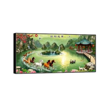Imagem de BMZFYBS Chinoiserie Arte de parede paisagem imagem em tela - ponte do lago cavalo - pintura chinesa - impressões em moldura preta para decoração de casa 60 x 120 cm 24 x 47 pol