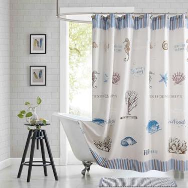 Imagem de BESTRIPES Cortina de chuveiro costeira extralonga, impermeável com listras náuticas e estampa de vida marinha, 12 ilhós metálicos e bainha pesada, azul/marfim, 182 x 213 cm