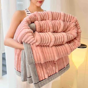 Imagem de Cobertor de lã, cobertor e mantas pesado, fofo, feminino, masculino, adulto, cachecol longo duplo para sofá, inverno, grosso e quente, macio e confortável, lavável na máquina (rosa, 200 x 230 cm)