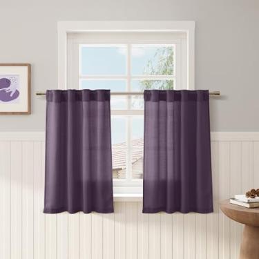 Imagem de Cortinas Plum Linen Cafe 91 cm de comprimento privacidade filtragem de luz semitransparente porta frontal pequena cortina traseira bolso haste cortinas curtas plissadas para banheiro cozinha porão RV