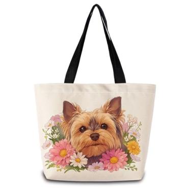 Imagem de ZhuVantrix Sacola floral Yorkshire terrier, reutilizável, bolsa de ombro de compras fofa com bolso interno, lavável, elegante, floral, Yorkshire Terrier, presente para cães, mães, mulheres