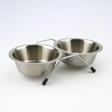 Imagem de Comedouro Duplo Premium em Aço Inox com Suporte Elevado Antiderrapante 36(C) x16(L) x9(A) cm para Cães e Gatos Tigelas 550ml Cada Ideal para Água e Ração