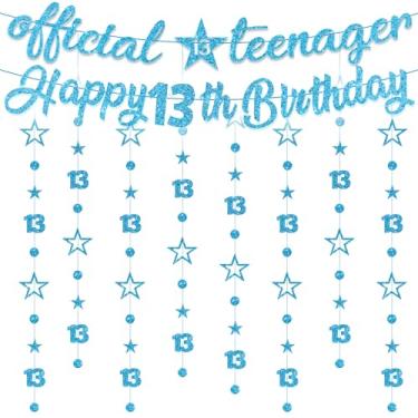Imagem de Faixa de guirlanda de decoração de aniversário de 13 anos - 10 peças de faixas azuis oficiais de festa de adolescente guirlandas penduradas com glitter para meninos meninas 13 anos de idade
