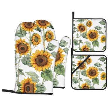 Imagem de Conjunto de luvas de cozinha estampadas de girassol fresco com suportes de tampa, luvas de forno resistentes ao calor para manusear panelas quentes, grelhar, churrascos, kit de 4 peças.
