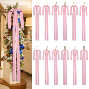 Imagem de 12 peças de laços de veludo rosa grandes para árvore de Natal 60 x 40 centímetros rústico veludo, grinalda, enfeite de árvore de Natal vintage para decoração de guirlanda de Natal, porta de casa