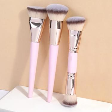 Imagem de 3 pincéis de maquiagem: ferramentas de maquiagem facial Kabuki completas, usadas para misturar e sombrear líquidos, cremes e produtos em pó (rosa)