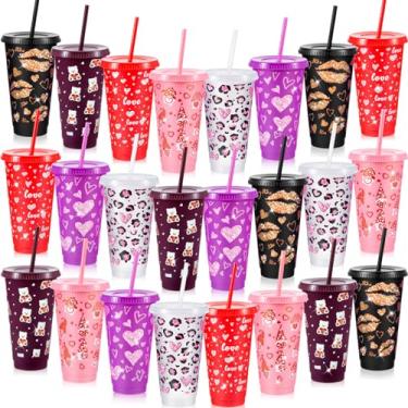 Imagem de Uiifan Copos de Plástico com Glitter para o Dia dos Namorados, 24 Peças com Tampas e Canudos, Copos de Futebol Reutilizáveis de 680 g para Festa de Aniversário