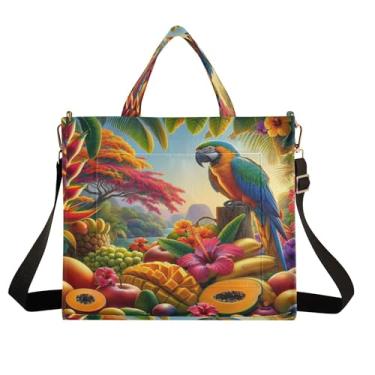 Imagem de Burbuja Sacola feminina de papagaio com frutas tropicais e flores de veludo cotelê, bolsa tiracolo para compras, trabalho, viagens, C179, Small