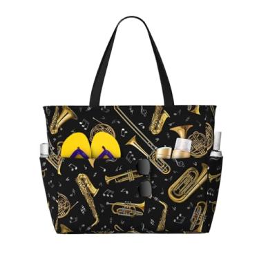 Imagem de SKKNT Sacolas de grande capacidade com impressão de instrumentos musicais, impermeável, à prova de areia, praia, academia, viagem, férias, piquenique, preto, tamanho único