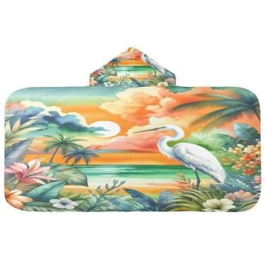 Imagem de Burbuja Toalha de banho com capuz de pássaro de garça-branca com palmeiras para crianças, toalha de praia de pelúcia macia absorvente para chá de meninas e meninos 3-10 anos, 61 x 127 cm
