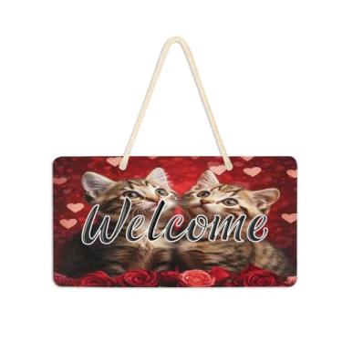 Imagem de Burbuja Placa de boas-vindas de rosas de gatos para porta da frente, placa de boas-vindas de PVC para decoração de férias, 15 x 28 cm