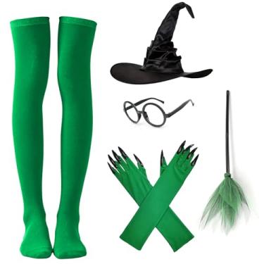 Imagem de PANMAY Conjunto de 4 peças de acessórios de bruxa de Halloween, chapéu de bruxa, luvas de garra verde, meias listradas, bruxo, vassoura, festa cosplay (sem capa)