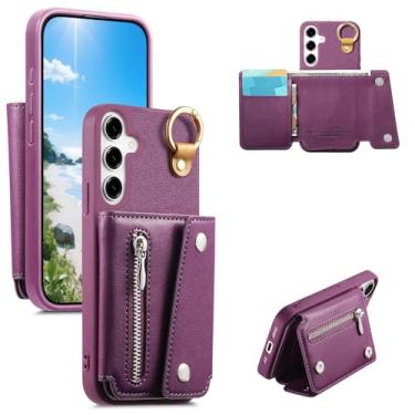 Imagem de Monwutong Capa carteira fina para Samsung Galaxy A54, capa de couro PU com design de armazenamento com zíper com compartimentos para cartão de dinheiro e fivela de metal capa para celular para Samsung