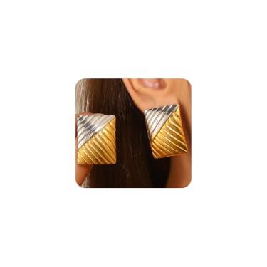 Imagem de Brincos de metal misto de dois tons, brincos femininos com estrela dourada de aço inoxidável, brincos pendentes quadrados de onda torcida, acessórios de joias modernas, Large, Aço inoxidável, Sem