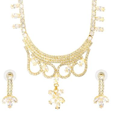 Imagem de Bodha Colar de zircônia cúbica ocidental banhada a ouro, cristais e AD com brincos de gota, conjunto de joias/joias para mulheres (SJN_274_G_P), 16, Latão, Sem Pedra Preciosa