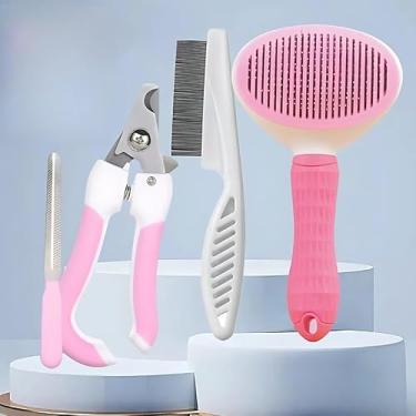 Imagem de Conjunto de 4 peças para cuidados com animais de estimação: escova para remoção de pelos, pente para pulgas, cortador de unhas + lixa de unhas para cuidados completos com cães e gatos (Rosa)