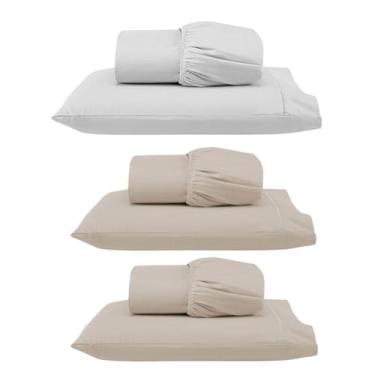 Imagem de Kit 3 Jogos de Lençol Solteiro com Elástico e Fronha Bordada em Ponto Palito, 6 Peças em Micropercal 300 Fios 100% Poliéster (Solteiro Versat(Branco/Cáqui/Cáqui))