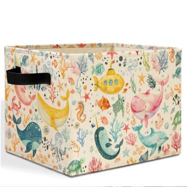 Imagem de HSIASHENG Caixa colorida de armazenamento de animais de praia costeira com alças, cesta de lavanderia Boho Ocean Life, dobrável, organizador de brinquedos para quarto de crianças, berçário, sala de