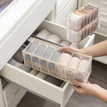 Imagem de Pacote com 2 organizadores de roupa íntima com 7 compartimentos – Divisor de gaveta de malha dobrável para meias e lingerie, armazenamento portátil para casa, armário e viagens (bege)