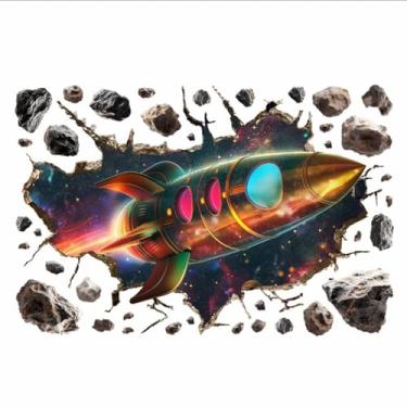 Imagem de MaiKeAYang Decalques de parede 3D, murais, decorações de parede de vinil removíveis, foguete estrela quebra a parede para sala de estar, quartos de bebê, quarto, banheiro, casa, parede, decoração DIY