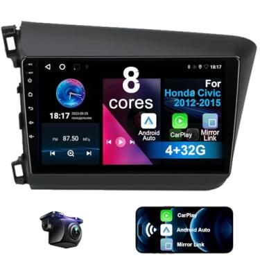 Imagem de Rádio estéreo para carro Android 13 8 Core atualizado para Honda Civic 2012 2013 2014 2015 com Carplay sem fio e Android Auto 4+32G 22.9 cm HD Touchscreen, AM/FM/RDS, câmera de reserva, SWC