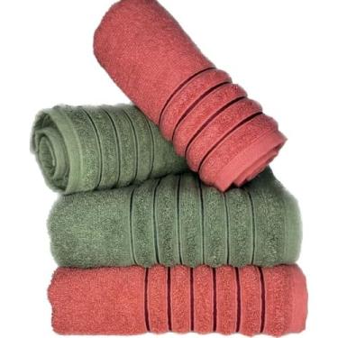 Imagem de Jogo de Toalha de Banho 4 PeçAs 100% AlgodãO Puro Altamente Absorvente Multicolorido Adequado para Viagens e Uso Familiar DiáRio(VERDE E TERRACOTA)