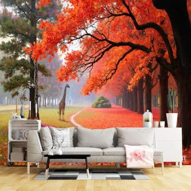 Imagem de Murais de parede de tamanho personalizado, paisagem de outono, caminho sinuoso, girafa, tecido de parede autoadesivo (sem PVC) Papel de parede grande removível para sala de estar, quarto, escritório