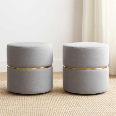 Imagem de Puff Redondo Estofado Luxo para Sala e Escritório – Banqueta Decorativa Multiuso para Provador Quarto ou Recepção – Unidade ou Kit (Kit 2 Linho cinza)