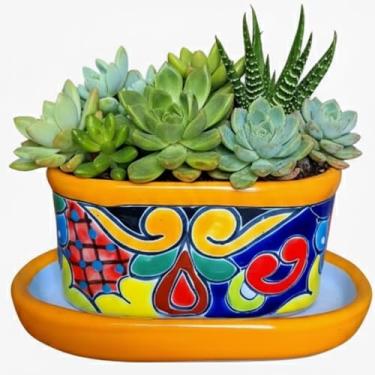 Imagem de Talavera Treasures Mini vaso de berço mexicano com orifício de drenagem e pires, vaso de suculentas de cerâmica pintado à mão (amarelo)