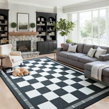 Imagem de Vasofe Tapetes de juta xadrez, 15 x 23 cm, tapete lavável para sala de estar, entrada e interior, tapetes geométricos neutros antiderrapantes para quarto, sala de jantar, quintal, preto e branco