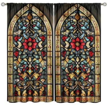 Imagem de FAOTELY Cortinas de vitral vintage arte floral medieval colorida moldura de janela cortinas para quarto sala de estar cozinha café (L50 x C 114 cm) x 2 decoração