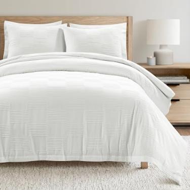 Imagem de Lush Decor Sorano Chambray Texturizado Jacquard Algodão Capa de Edredom Conjunto de 3 Peças Casal/Queen Branco - Conjunto de Cama Geométrica - Capa de Edredom Listrada - Decoração de Quarto Moderno