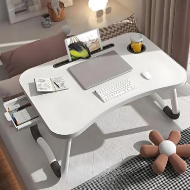 Imagem de Portátil Mesa Dobrável Articulada em Mdf Suporte para Laptop Cama Estudo Porta Tablet Para Notebook(Off Wihte + Gaveta)