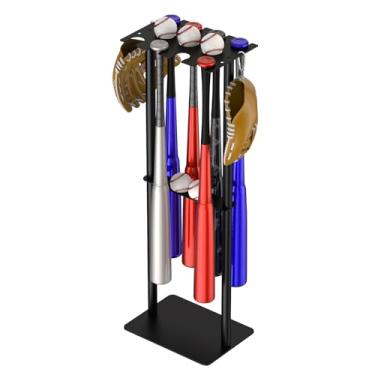 Imagem de JBCLUB Suporte de exibição de taco de beisebol, comporta 8 tacos, 5 bolas e 4 luvas, rack de armazenamento de metal resistente para casa garagem abrigo, preto