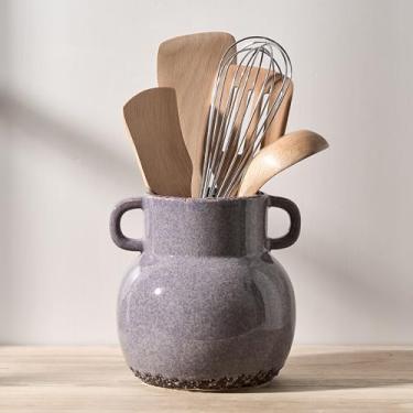 Imagem de JIEMEI HOME Suporte de utensílios de cozinha com alça, pote de cerâmica para utensílios de fazenda de 17,4 cm para bancada, organizador de utensílios com fundo de cortiça, suporte de espátula para