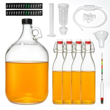 Imagem de Kit de fabricação de hidromel de 1 galão para iniciantes, kit de fabricação de vinho de mel com fermentador de vidro, sistema de bloqueio de ar, hidrômetro, tubo de sifão e garrafas de armazenamento