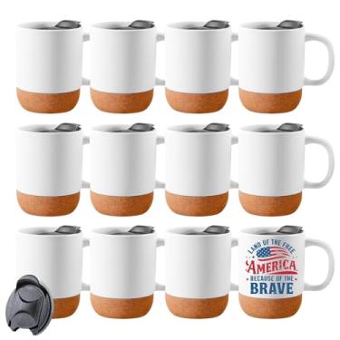 Imagem de Lilsofee Pacote com 12 canecas de sublimação de 425 g com fundo de cortiça e tampa à prova de respingos Copos de café de cerâmica para café com leite quente ou frio fosco