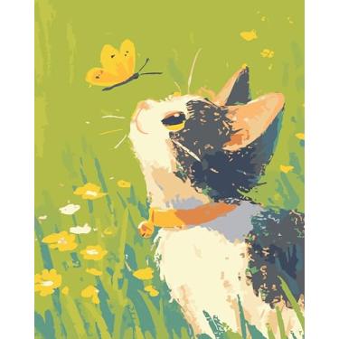 Imagem de Kit de pintura por números para adultos iniciantes, kit de pintura por números de gato borboleta flores silvestres fácil de pintar por números em tela sem moldura, pintura a óleo acrílica faça você