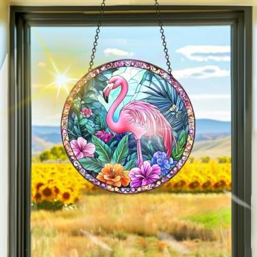 Imagem de Apanhador solar de acrílico colorido, decoração de janela suspensa de flamingo, arte de parede de arco-íris, para sala de estar, quarto, varanda, decoração de jardim interno e externo, 19 x 19 cm
