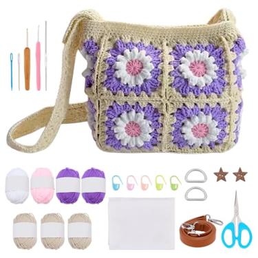 Imagem de WEBEEDY Kit de bolsa de crochê DIY com tutoriais em vídeo para iniciantes, aprenda a fazer bolsa quadrada de crochê com fios, ganchos, bolsa para adultos, artesanato de tricô, Natal, férias, presente