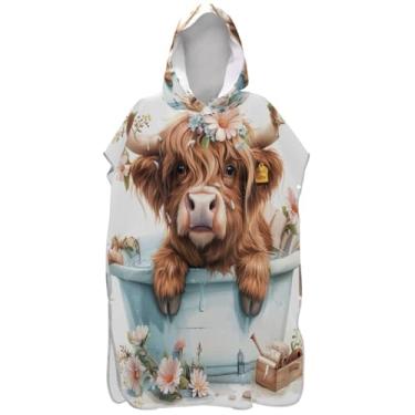 Imagem de Joisal Poncho de surfe de vaca Highland para adultos trocador com capuz toalha de natação plus size homens mulheres poncho com capuz