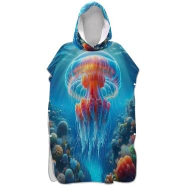 Imagem de Joisal Jellyfish Undersea Blue Surf Poncho Trocador Roupão para Adultos Toalha de Banho com Capuz de Praia Reutilizável Ponchos de Praia para Homens