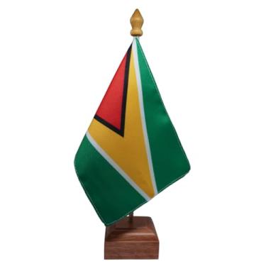 Imagem de Bandeira de Mesa Elegance da Guiana, Decorativa, Dupla Face, Multicolorido, 19x30cm, Base em Madeira Natural, para Escritório, Eventos e Decoração