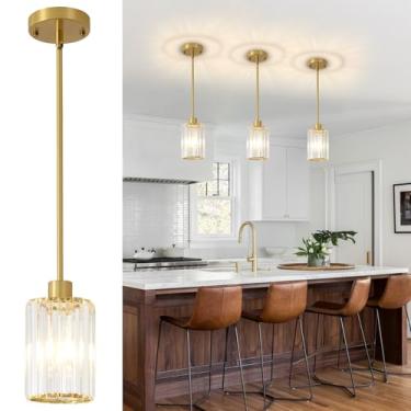 Imagem de GZJunYo Luzes pendentes de cristal, pacote com 3 unidades de luzes pendentes de ouro escovado para ilha de cozinha, mini luminárias de cristal modernas para sala de jantar, corredor, hall de entrada