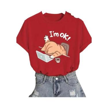 Imagem de Camiseta Feminina Bege Com Estampa De Gato Fofo, Casual, Gola Redonda,