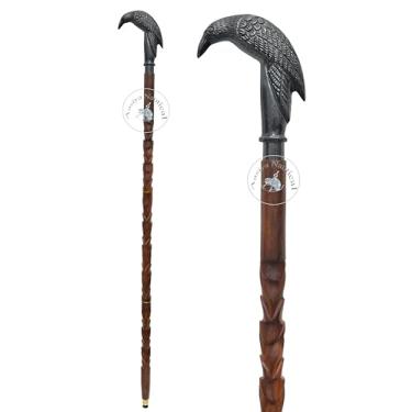 Imagem de Aasiya Nautical Bengala de caminhada com alça de alumínio com design de pássaro corvo – bastão de madeira marrom | Bengala de caminhada decorativa e funcional em estilo vintage