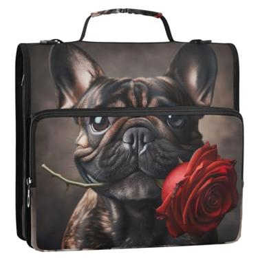 Imagem de Fichários buldogue rosa floral 3,8 cm 3 anéis, fichário resistente com zíper, fichário organizador com alça, bolsa escolar de tecido, estojo de armazenamento com alça