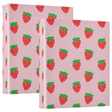 Imagem de Fichários personalizados de 3 anéis de frutas de morango rosa 3,8 cm, 200 folhas, fichário para prancheta, anel redondo, 31,5 x 27 x 6 cm, pacote com 2